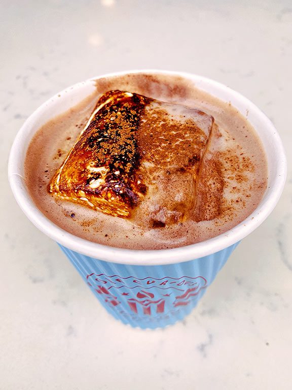 A Colada cup holds a steaming hot chocolate, with a fluffy marshmallow gently melting inside, creating an inviting visual that could make anyone search for the best hot chocolate near me or the best hot chocolate in dc.