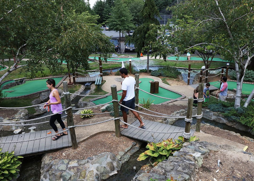 An elevated view of a miniature golf course nestled among trees, with several people of varying apparent ethnicities enjoying the game. The course features artificial green turf, small water features, and wooden walkways. Engaging in recreational activities like mini-golf is one of the fun things to do in Arlington VA.
