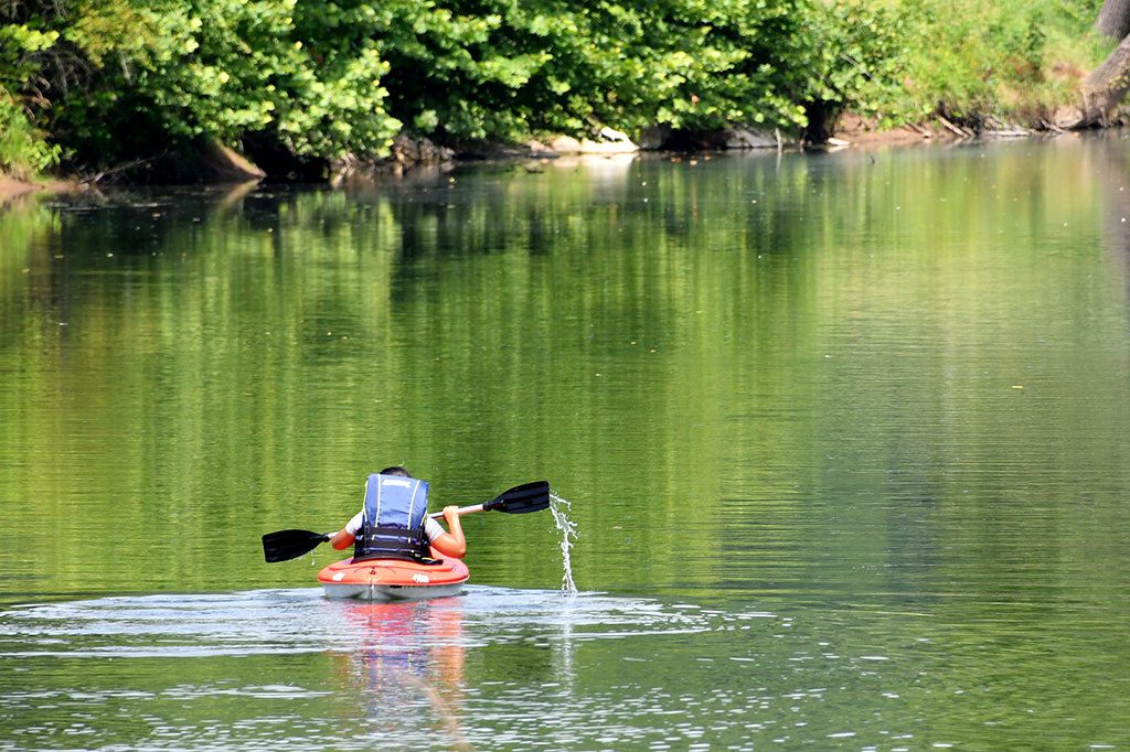 A daytime view of a person kayaking on a calm river, likely the Shenandoah River. The kayaker, who appears to be wearing a life vest, is paddling away from the viewer. Lush green trees line the riverbanks, and their reflections are visible in the water. Enjoying water activities like kayaking on the Shenandoah River is one of the adventurous things to do in Luray VA.