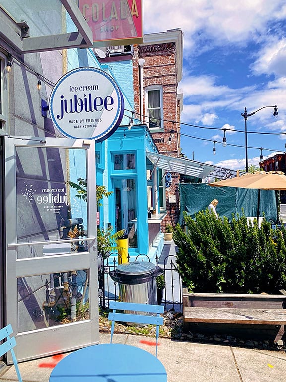 Exterior shot of Ice Cream Jubilee in Washington DC,where Sweet Crimes Bakery, one of the gluten free bakeries DC, had their delicious cookies picked-up by customers.