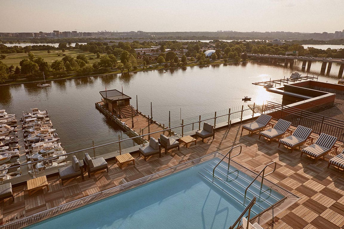 A DC hotel with rooftop pool: The Intercontinental - The WHARF in Washington DC featuring a stuniing view of the Potomac River