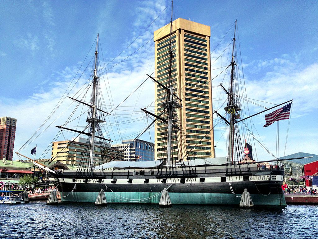 The USS Constellation and the World Trade Center at the Inner Harbor Baltimore Maryland