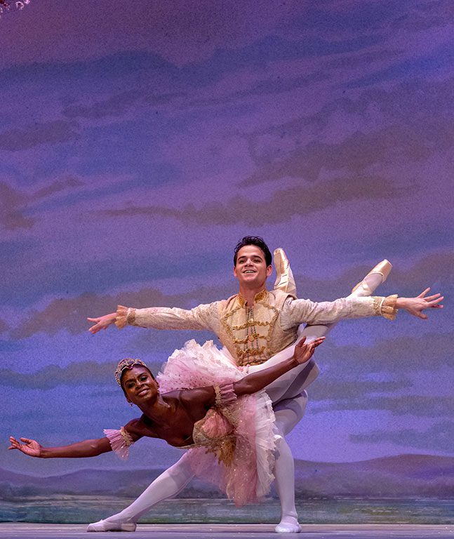 Two ballet dancers performing an elegant duet for The Nutcracker show, one of the holiday classics, against a soft pastel backdrop, symbolizing the artistry and joy of DC Christmas concerts during the holiday season.