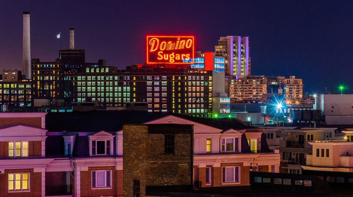 Domino Sugar sign at night in Baltimore MD