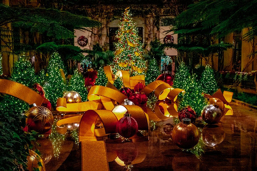 Longwood Gardens’ dazzling Christmas light display in the evening, featuring glowing trees and festive decorations. Christmas in Wilmington Delaware.