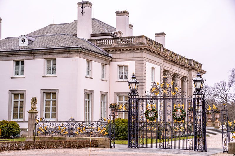Holiday wreaths adorn the gates capturing the joyful spirit of Christmas in Wilmington Delaware.