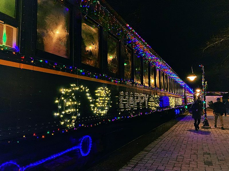 Got the winter blues? Not here! Christmas lights on a train for the holiday season makes a happy Christmas in Wilmington Delaware.