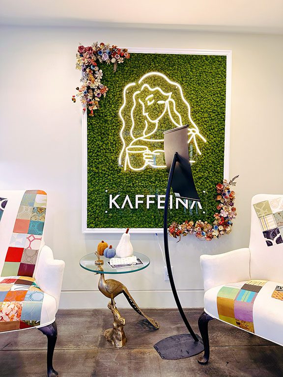 Wilmington DE Coffee Shops - Artistic vibe at Kaffeina Cafe inside the Delaware Art Museum in Wilmington DE, with artsy chairs.